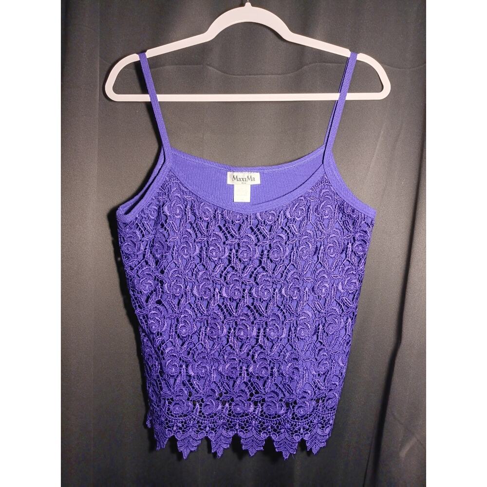 VTG Y2K Cami Crop Top XL Purple Ribbed Floral Crochet Lace Festival Rave Boho US